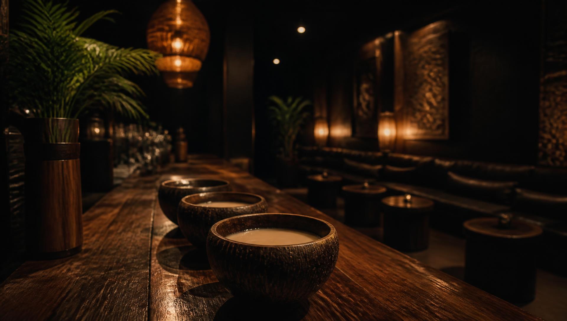 Coconut bowls of kava on the bar at Root Awakening in Nashua